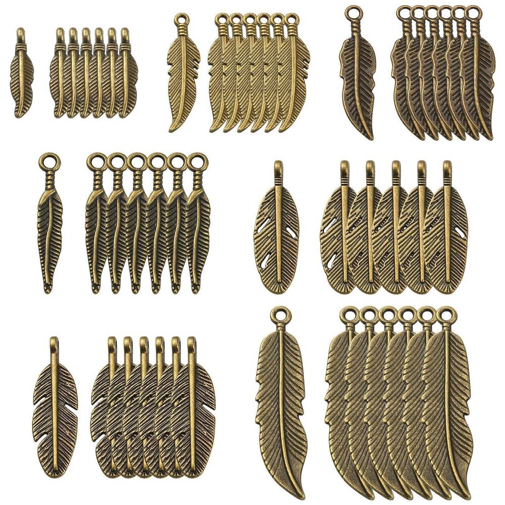 7497 105pcs Bronze Gold Feather Charms - Dream Catcher, Angel Wing, Antique